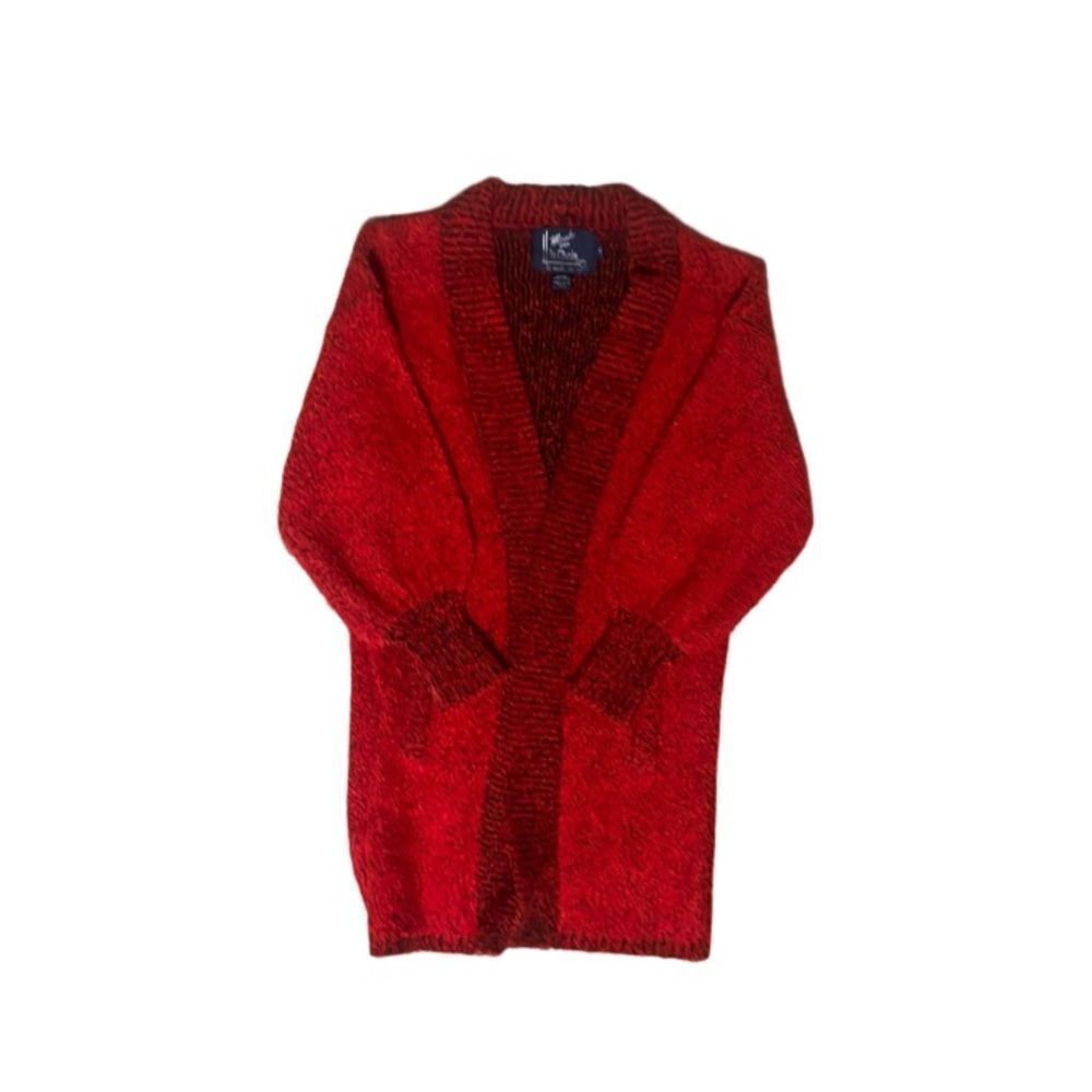 Vintage Monto Por le Chois Long Chunky Knit Open Cardigan Red Two Tone Black